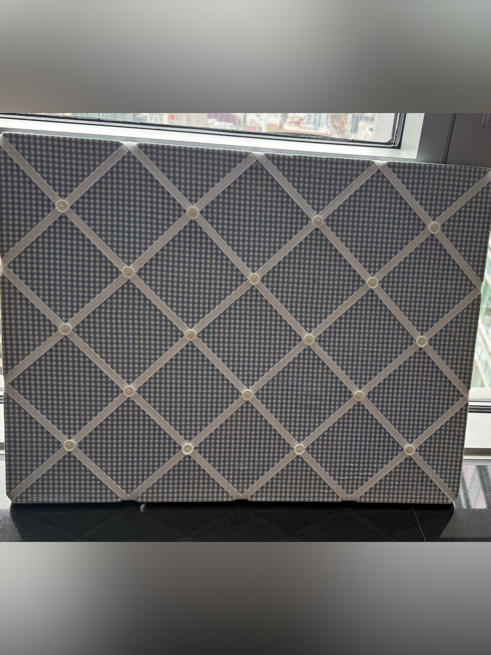 Blue Gingham Ribbon Memo Board with Ivory Cross Ribbons